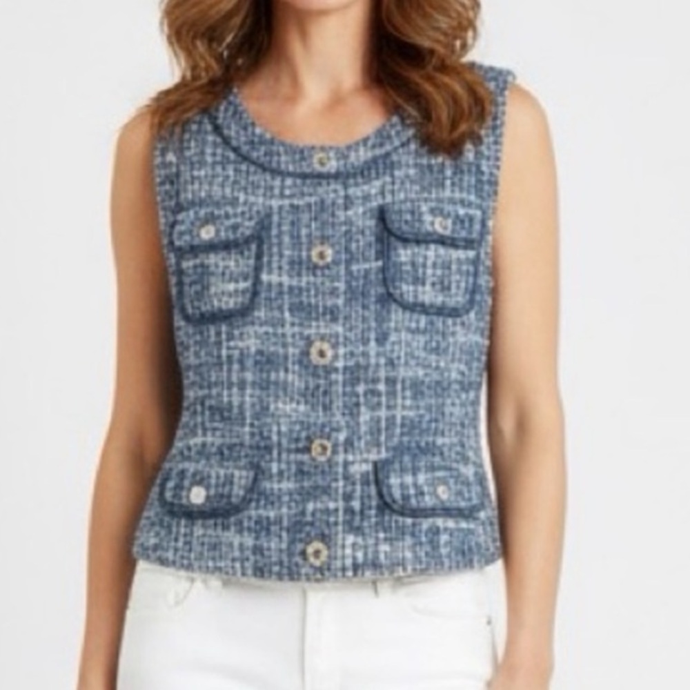 Caché Tweed Vest Blue & White with Silver Buttons Wool Blend Vest 12